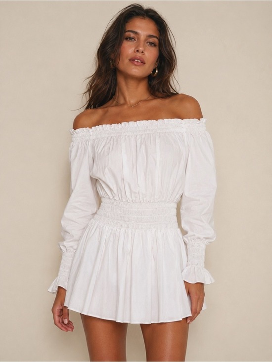 Norma Kamali Dresses & Skirts - NWT Norma Kamali Peasant Dress White XS Off Shoulder Smocked Cotton Mini